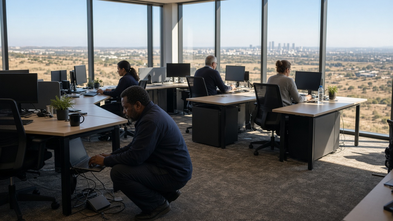 Technician at a Highveld open-plan desk with colleagues nearby, illustrating IT Support Across Gauteng Desks